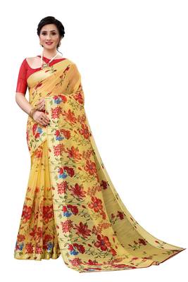 Yellow printed cotton silk saree with blouse 1