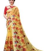Yellow printed cotton silk saree with blouse