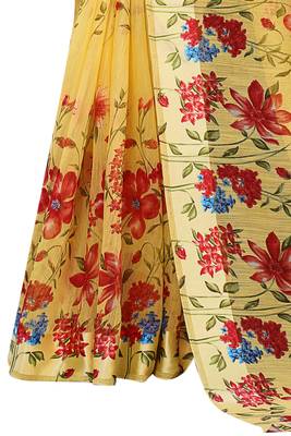 Yellow printed cotton silk saree with blouse 2
