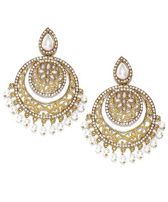 White kundan Yellow Gold Alloy   Pair of Earring 1
