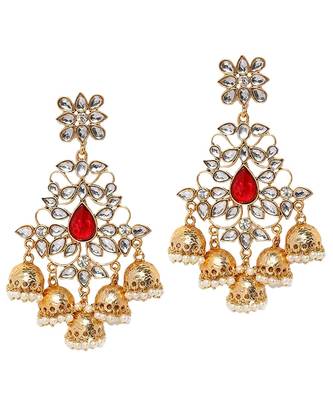 Red kundan Yellow Gold Alloy   Pair of Earring 1
