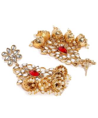 Red kundan Yellow Gold Alloy   Pair of Earring 4