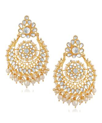 White kundan Yellow Gold Alloy   Pair of Earring 1