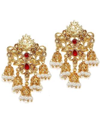 Red kundan Yellow Gold Alloy   Pair of Earring 1