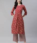 Maroon printed viscose rayon kurtas-and-kurtis