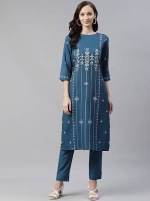 Teal printed viscose rayon kurtas-and-kurtis 1