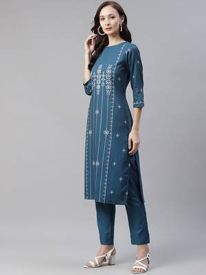 Teal printed viscose rayon kurtas-and-kurtis 2