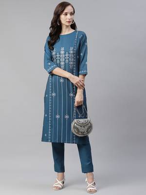 Teal printed viscose rayon kurtas-and-kurtis 5