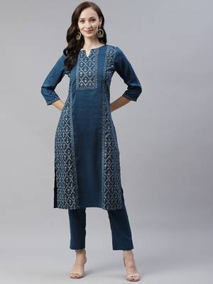 Teal printed art silk kurtas-and-kurtis 1