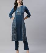 Teal printed art silk kurtas-and-kurtis