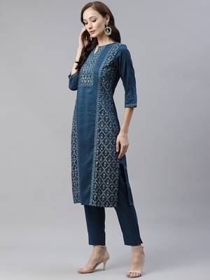 Teal printed art silk kurtas-and-kurtis 2