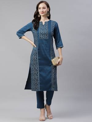 Teal printed art silk kurtas-and-kurtis 5