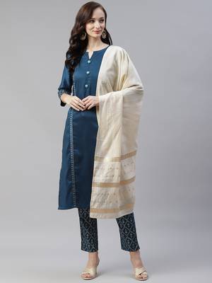 Turquoise plain art silk kurtas-and-kurtis 1
