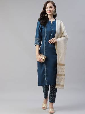 Turquoise plain art silk kurtas-and-kurtis 5
