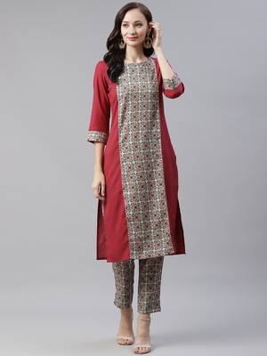 Maroon printed viscose rayon kurtas-and-kurtis 1