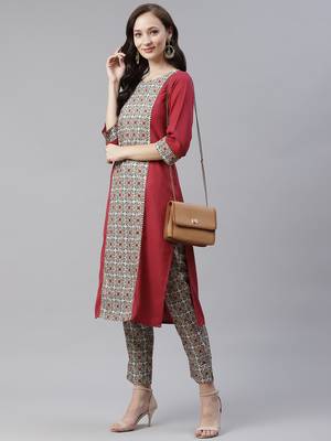 Maroon printed viscose rayon kurtas-and-kurtis 5