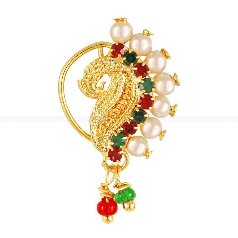 Gold Plated with Peals Alloy Maharashtrian banu Nath Nathiya   Nose Pin for women VFJ1005NTH Press