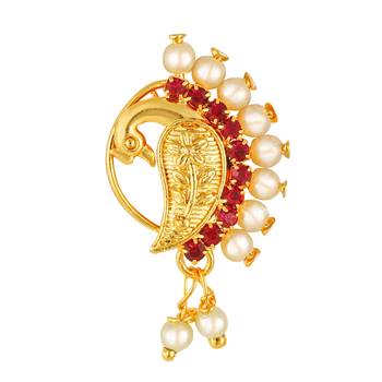 Gold Plated Red Stone with Peals Alloy Maharashtrian Nath Nathiya   Nose Pin for women VFJ1006NTH Press 1