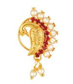 Gold Plated Red Stone with Peals Alloy Maharashtrian Nath Nathiya   Nose Pin for women VFJ1006NTH Press