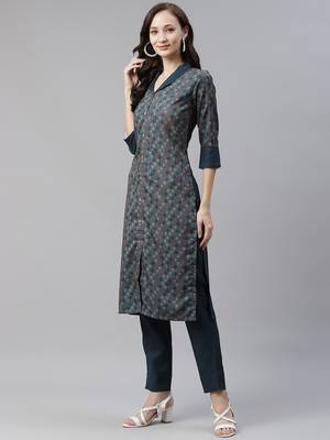 Teal printed viscose rayon kurtas-and-kurtis 2