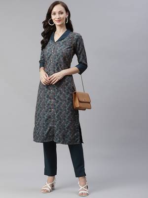 Teal printed viscose rayon kurtas-and-kurtis 5