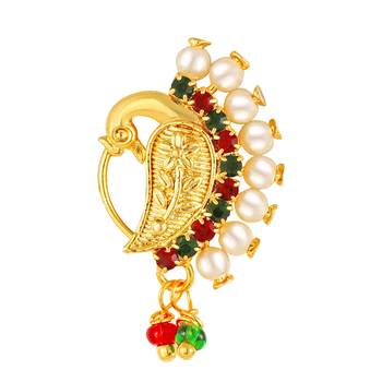 Golden Moti Nath Gold Plated Alloy Nose Ring  For womentVFJ1009NTH Press 1