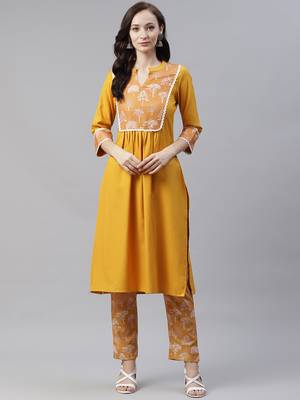 Mustard printed viscose rayon kurtas-and-kurtis 1