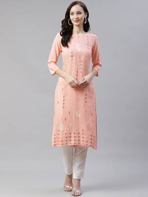 Peach printed viscose rayon kurtas-and-kurtis 1