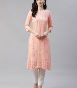 Peach printed viscose rayon kurtas-and-kurtis