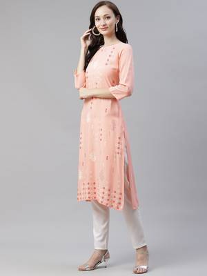 Peach printed viscose rayon kurtas-and-kurtis 2