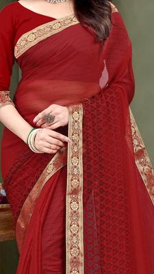 red  Soft Chiffon saree with blouse piece 2