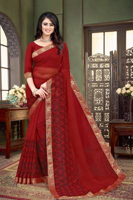 red Soft Chiffon saree with blouse piece 1