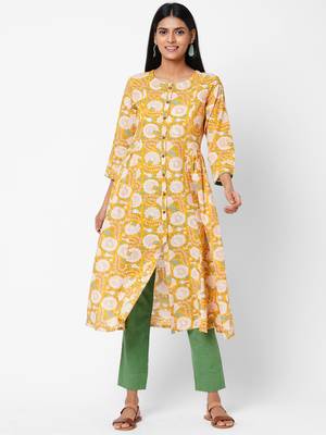 Yellow printed cotton ethnic-kurtis 1