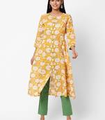 Yellow printed cotton ethnic-kurtis