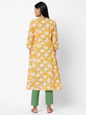 Yellow printed cotton ethnic-kurtis 2