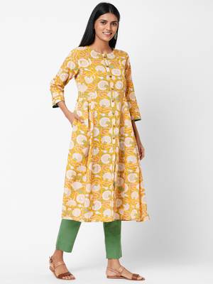 Yellow printed cotton ethnic-kurtis 3
