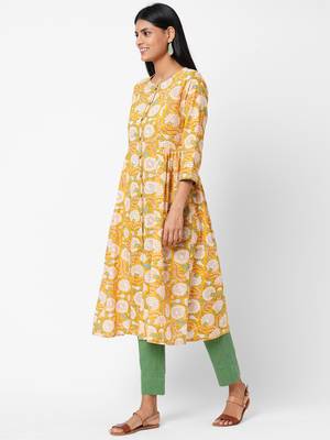 Yellow printed cotton ethnic-kurtis 4