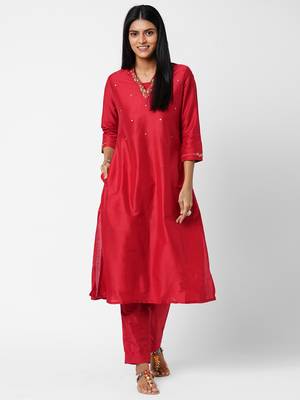 Rani-pink embroidered art silk ethnic-kurtis 1