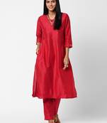 Rani-pink embroidered art silk ethnic-kurtis