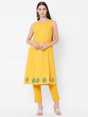 Yellow printed jacquard ethnic-kurtis 1