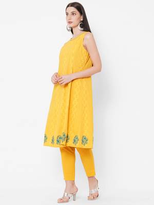 Yellow printed jacquard ethnic-kurtis 2