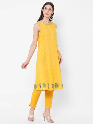 Yellow printed jacquard ethnic-kurtis 3
