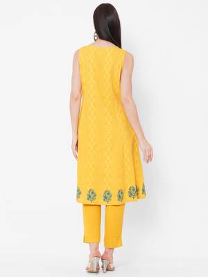 Yellow printed jacquard ethnic-kurtis 4