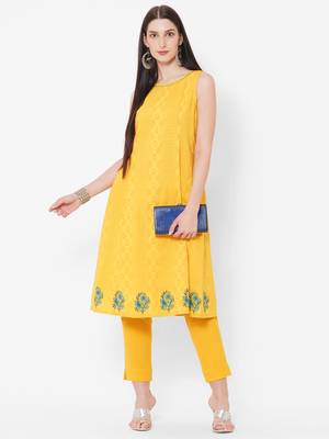 Yellow printed jacquard ethnic-kurtis 5