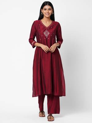 Maroon embroidered silk ethnic-kurtis 1