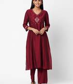 Maroon embroidered silk ethnic-kurtis