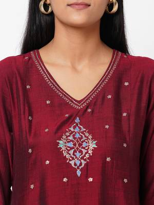 Maroon embroidered silk ethnic-kurtis 5