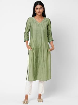 Green plain silk ethnic-kurtis 1