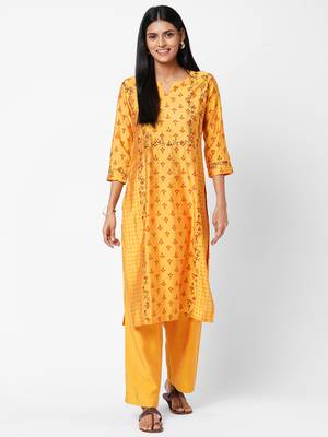 Yellow printed art silk ethnic-kurtis 1