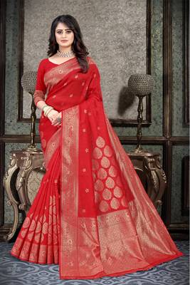 red Banarasi Silk saree with blouse piece 1